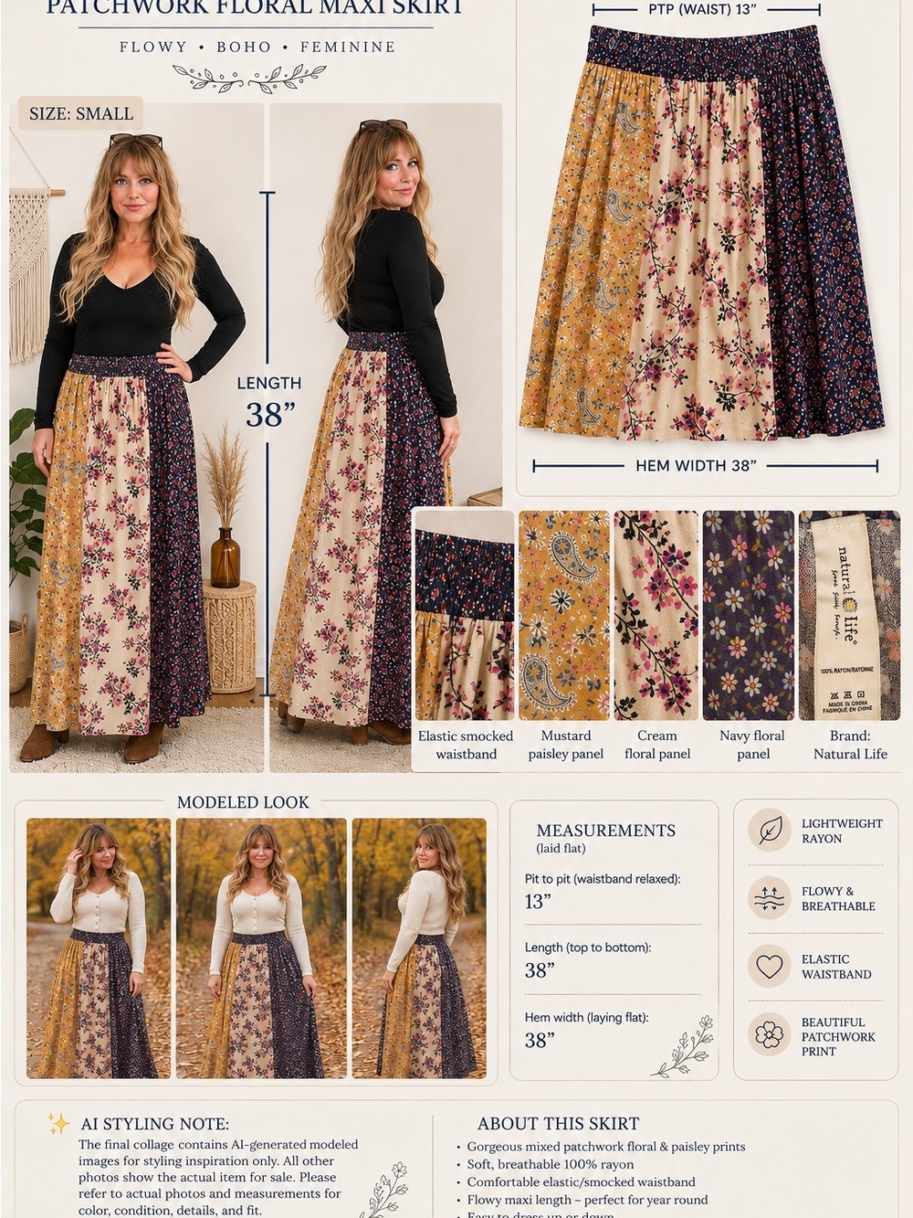 Natural Life Patchwork Floral Boho Maxi Skirt 100% Rayon Small - Picture 10 of 10